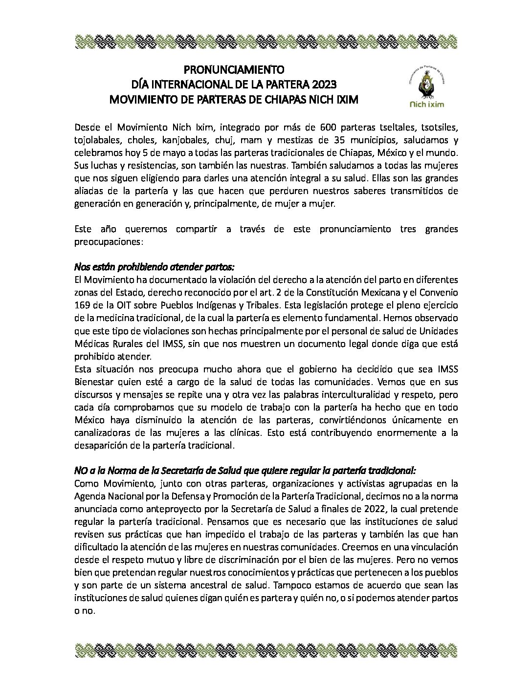 Pronunciamiento Día Internacional de la Partera 2023. Movimiento de Parteras de Chiapas Nich Ixim