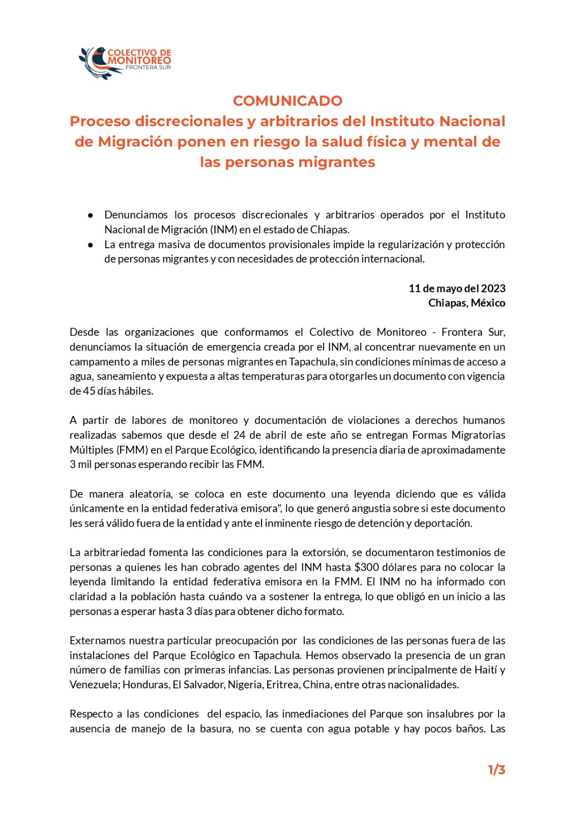 En riesgo salud física y mental de las personas migrantes. Procesos arbitrarios del Instituto Nacional de Migración.